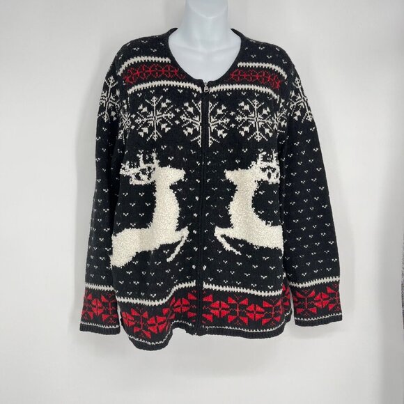 J.Jill  Deer Valley Holiday Reindeer Wool Full‎ Zip Sweater Women's Size Large - Picture 1 of 6